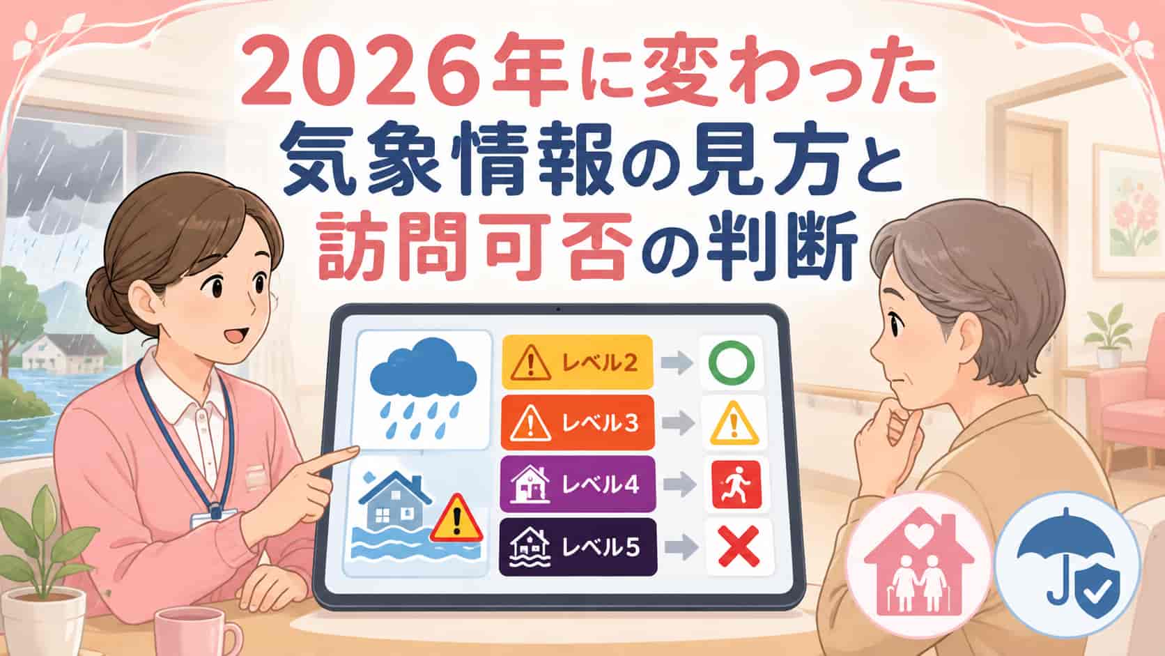 2026年の防災気象情報と訪問介護の訪問可否を判断する様子
