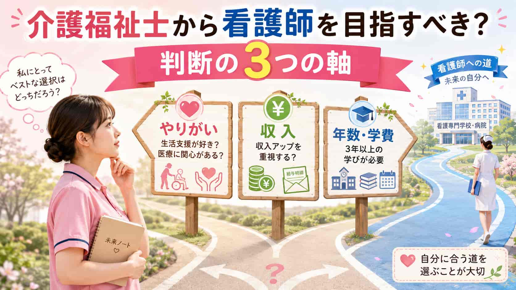 介護福祉士から看護師を目指す判断軸とキャリア選択を示すイメージ