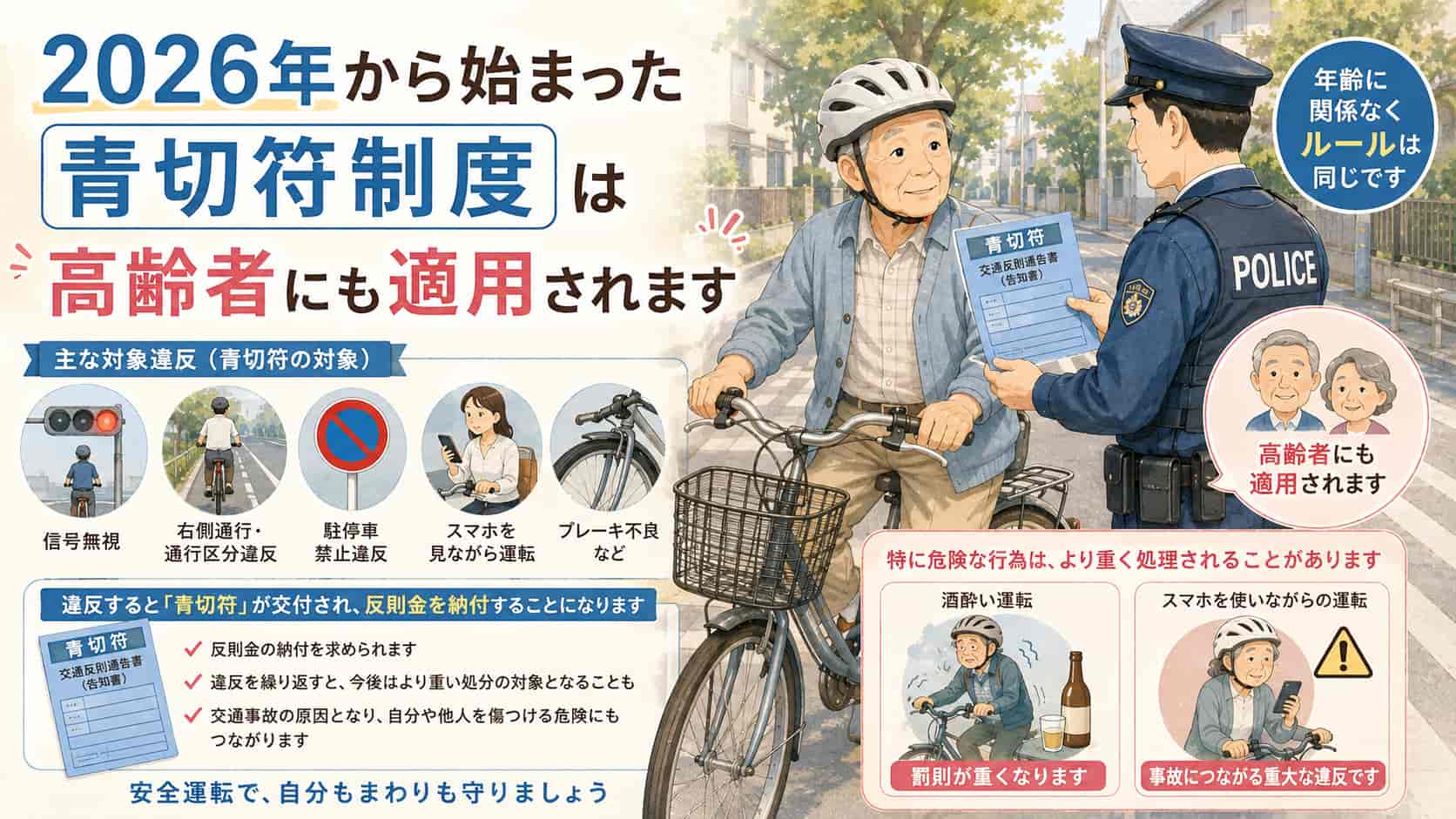 高齢者にも適用される自転車の青切符制度を解説する画像