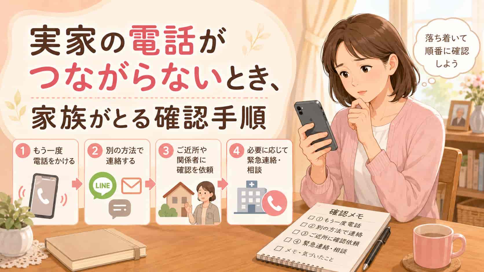 実家の電話がつながらないとき、家族がとる確認手順