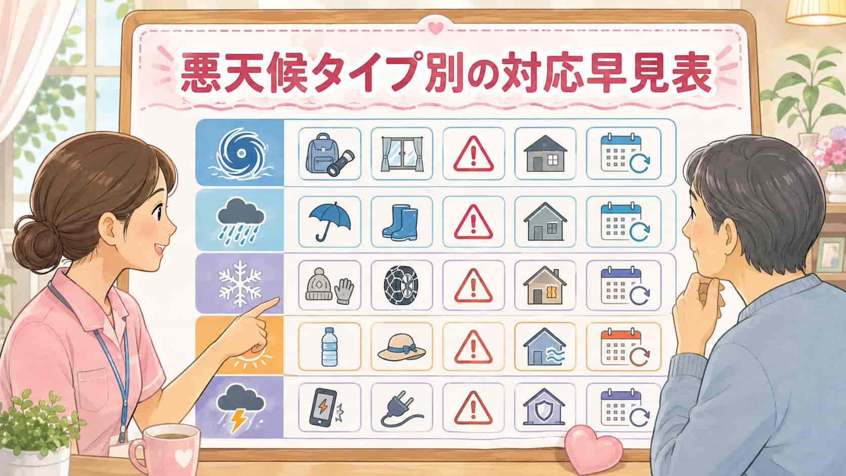 台風・大雨・大雪・猛暑・雷など悪天候タイプ別の対応早見表