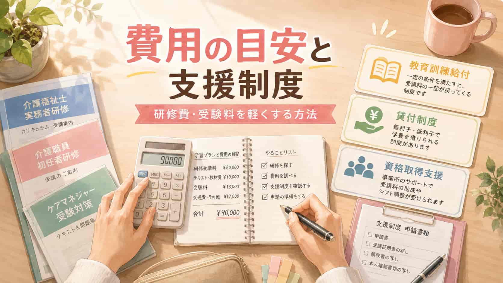 ケアマネを目指す費用の目安と教育訓練給付などの支援制度のイメージ