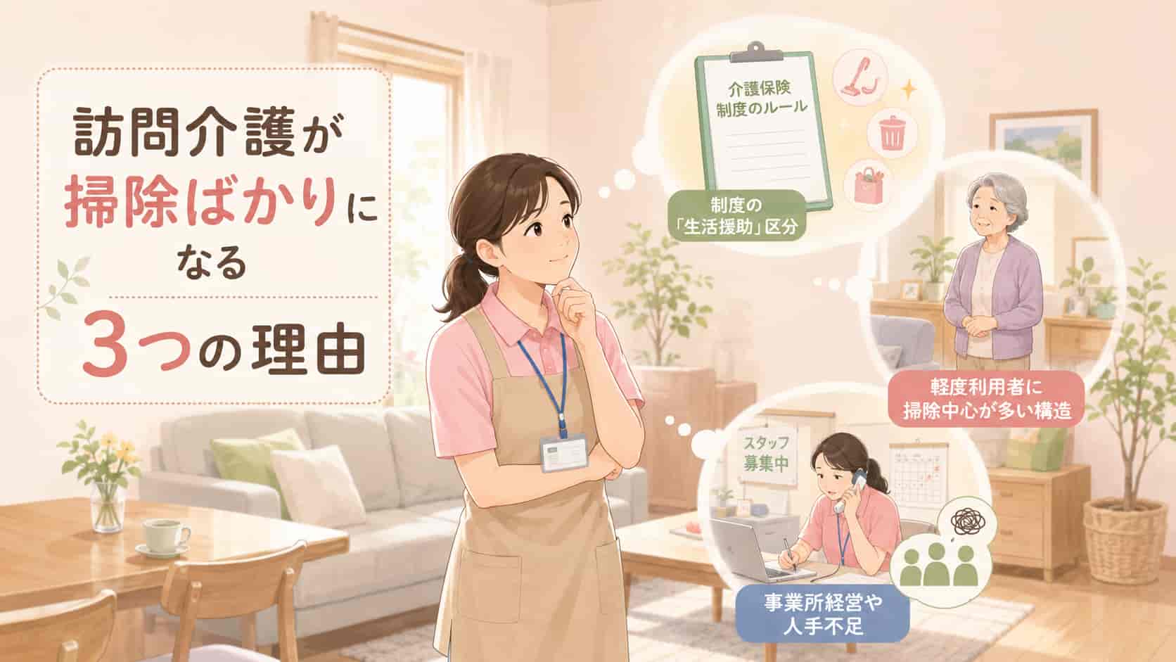 訪問介護が掃除ばかりになる3つの理由を解説するイメージ