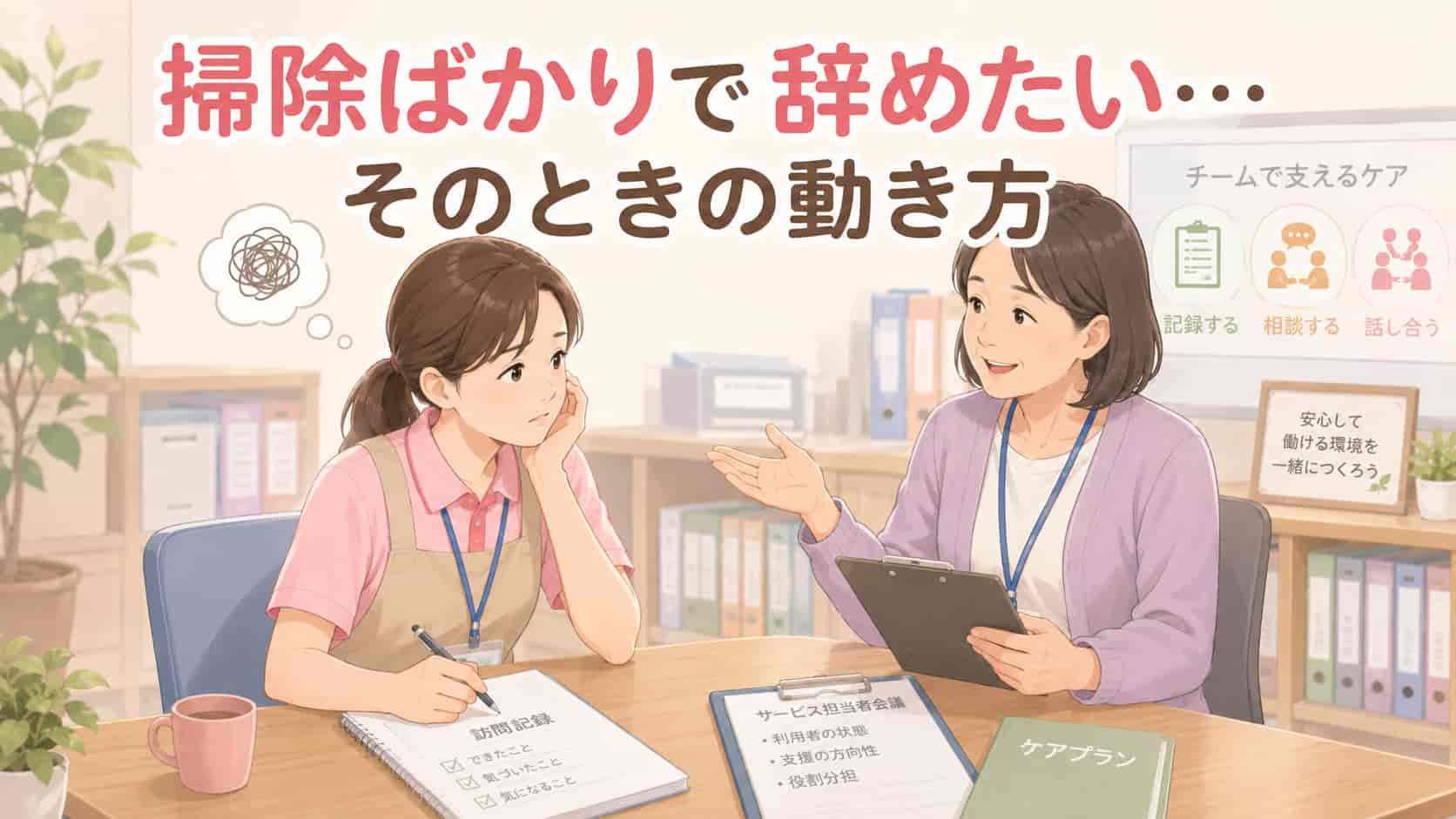掃除ばかりで辞めたいと感じたヘルパーが相談する様子