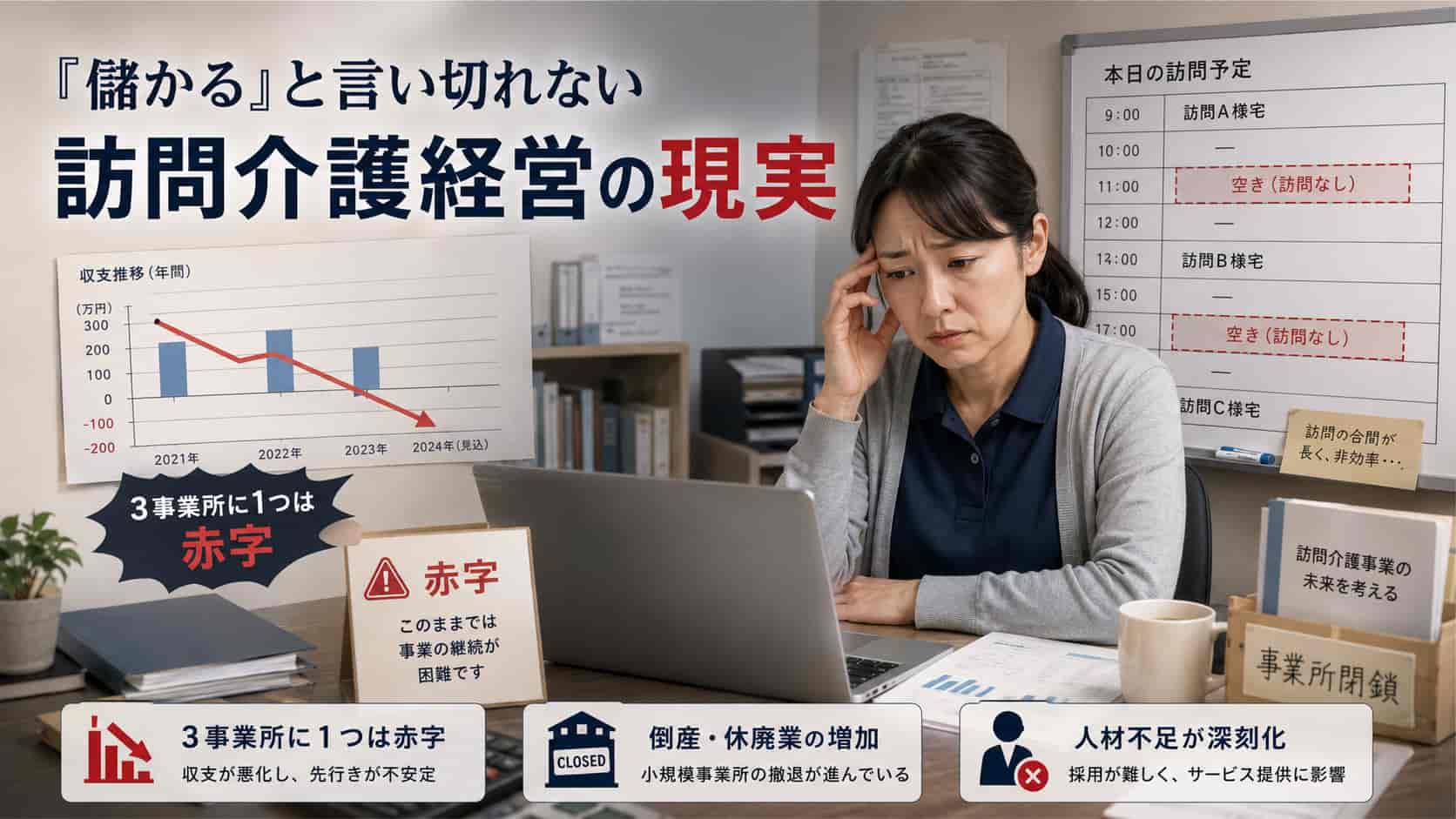 赤字や人材不足など訪問介護経営の厳しい現実を示した画像