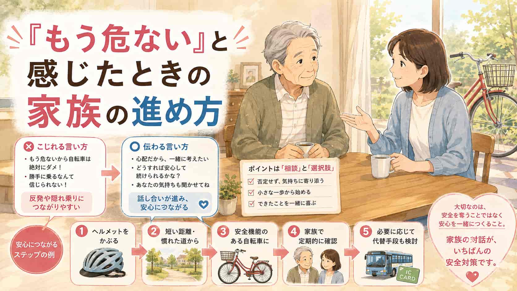 高齢者の自転車利用を家族で話し合う進め方の画像