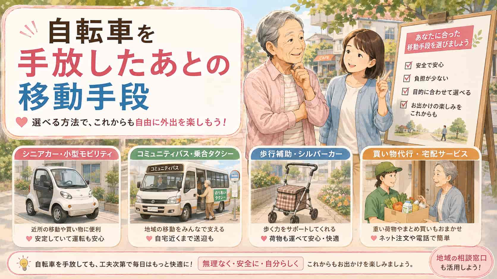 高齢者が自転車を手放したあとの移動手段を紹介する画像