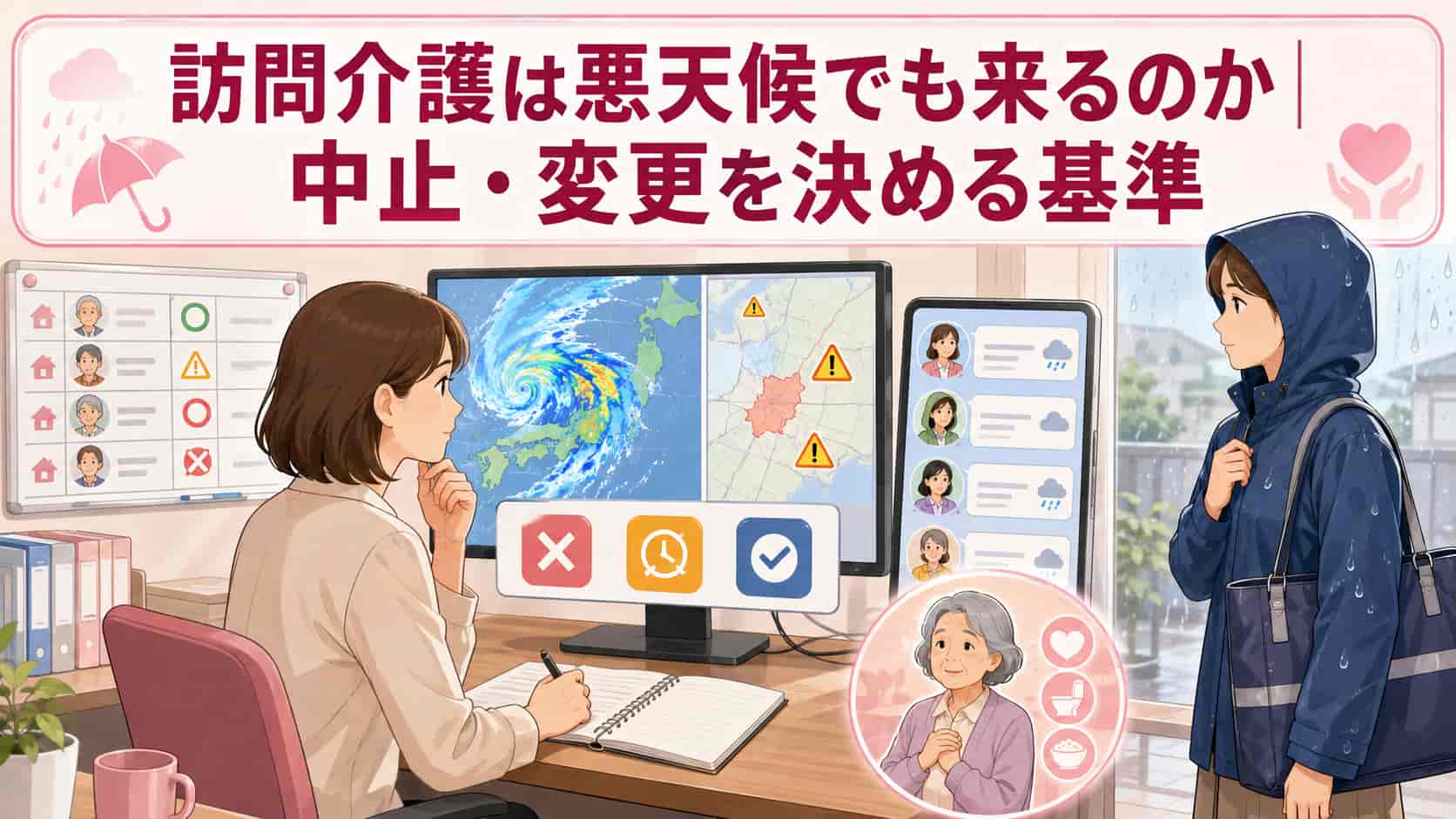 悪天候時の訪問介護の中止・変更判断基準を確認する様子