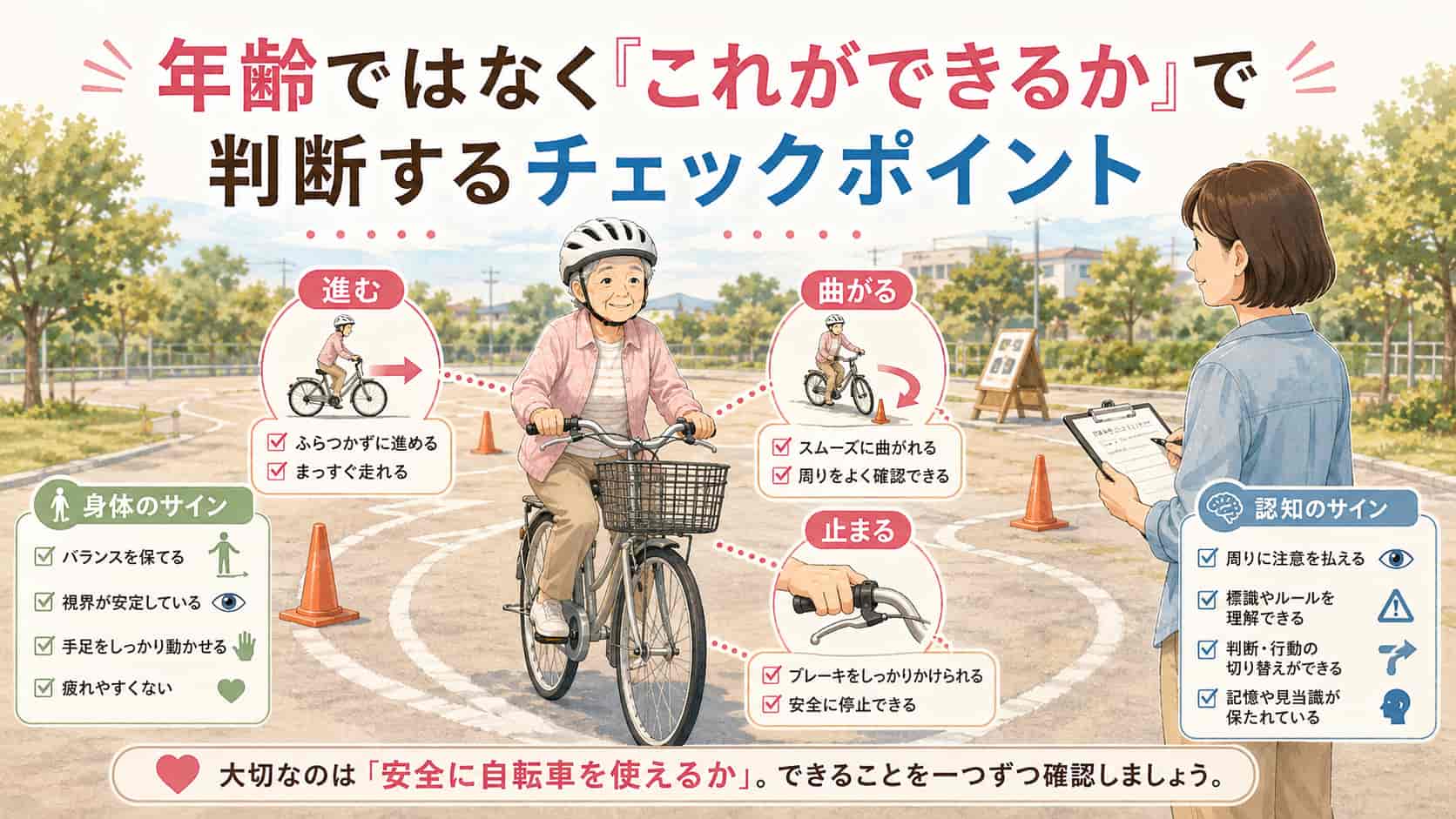 高齢者が安全に自転車へ乗れるかを判断するチェックポイントの画像