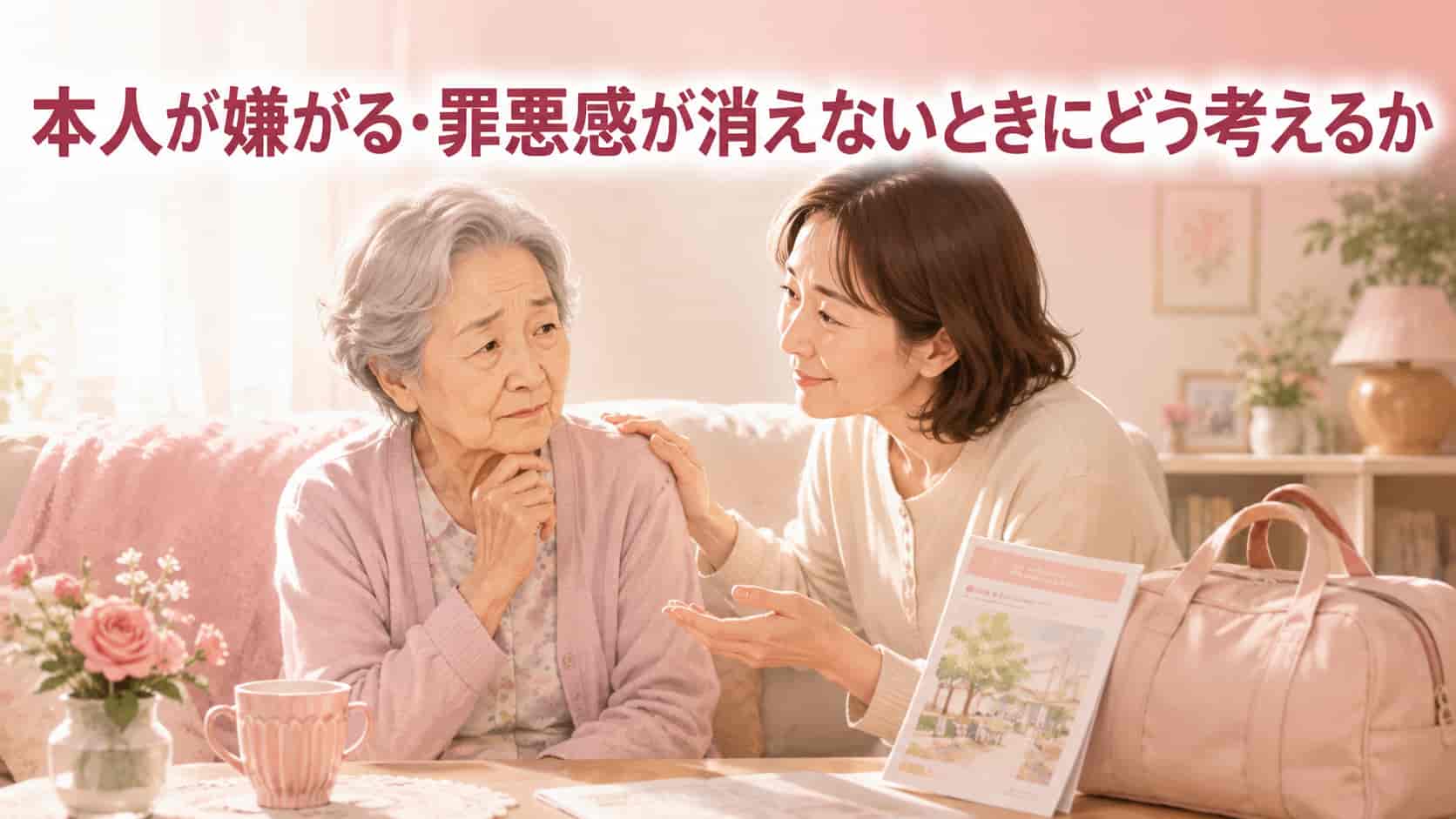 ショートステイを嫌がる本人に寄り添って話す家族のイメージ
