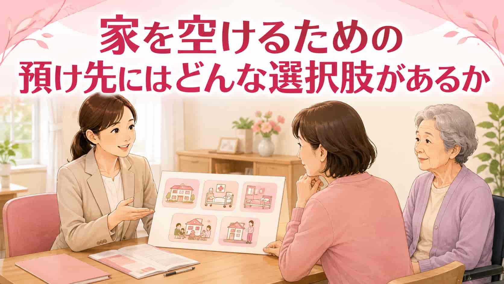 介護中に家を空けるための預け先を相談するイメージ