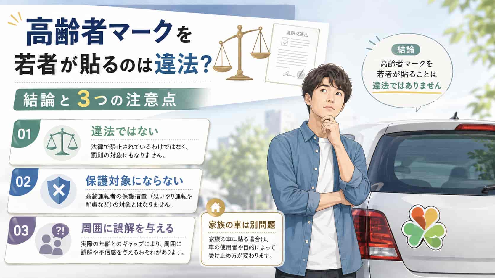 高齢者マークを若者が貼る場合の法律上の扱いと3つの注意点