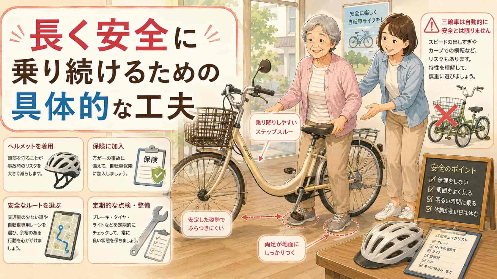 高齢者が長く安全に自転車へ乗り続けるための工夫を解説する画像