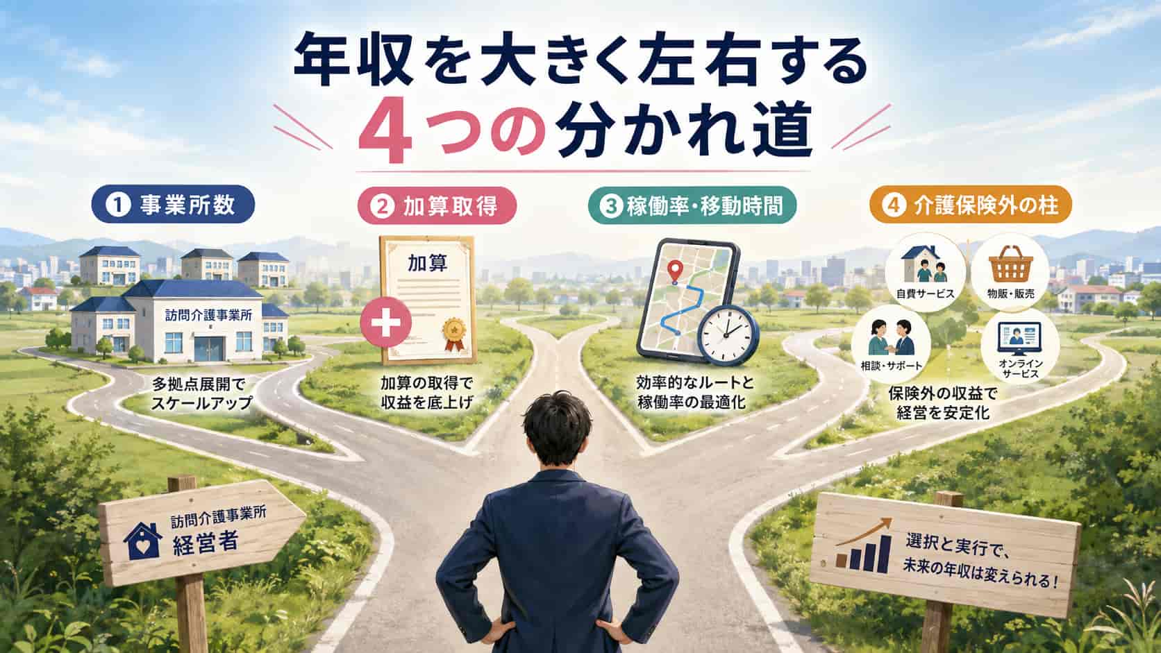 訪問介護経営者の年収を左右する4つの要因を示した画像
