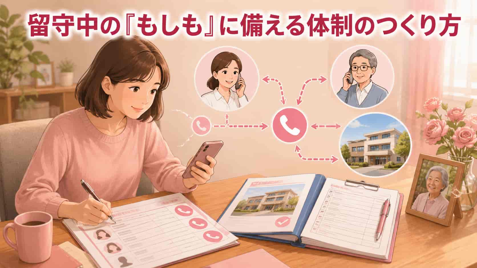 介護者の留守中の緊急連絡体制を整えるイメージ