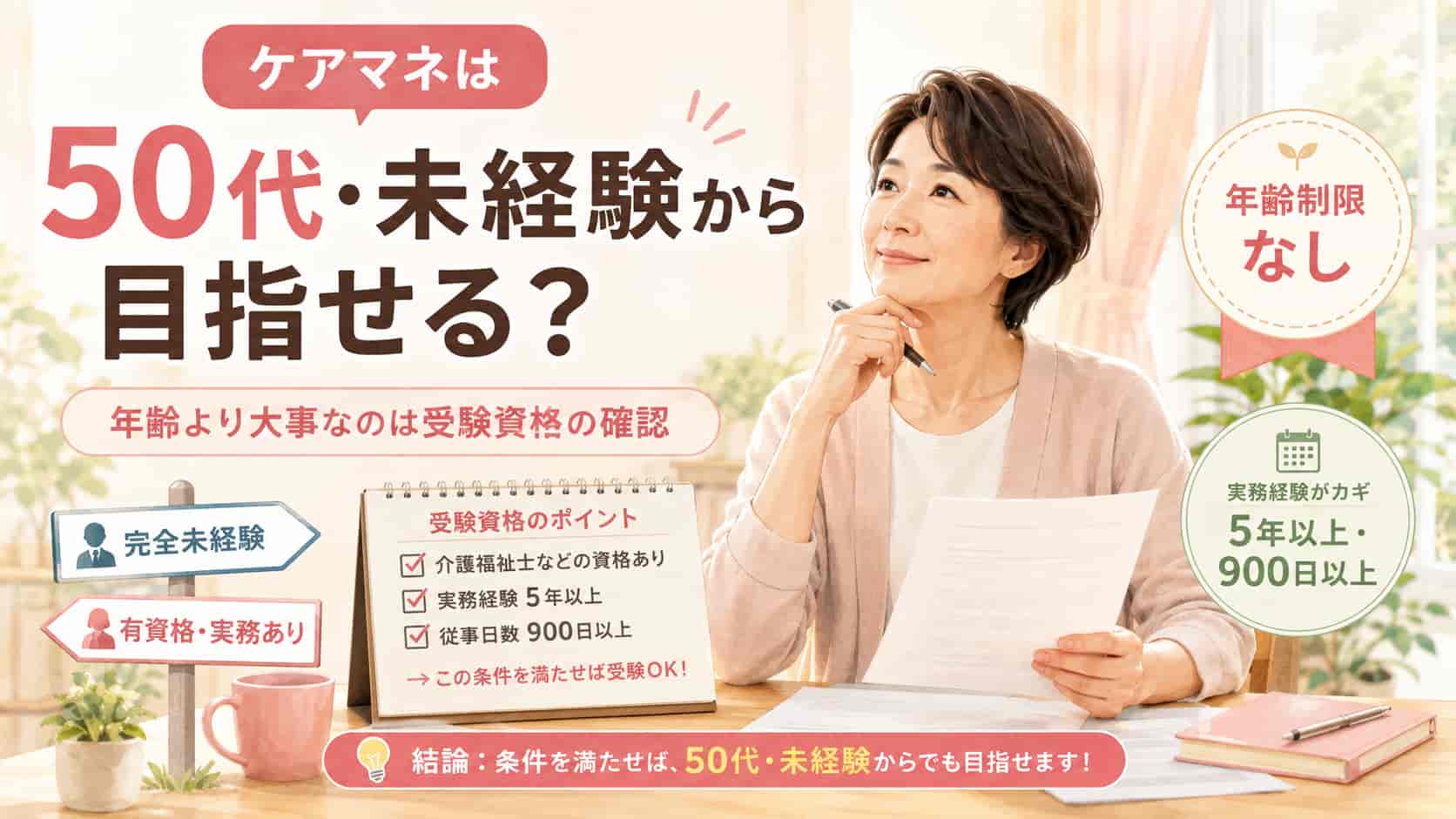 50代・未経験からケアマネを目指せるか、受験資格の前提を確認するイメージ